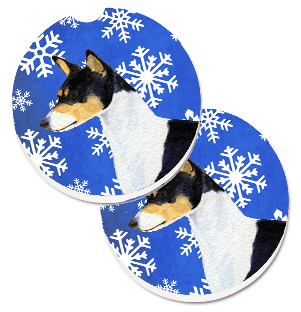 Basenji Winter Snowflakes Holiday Set of 2 Cup Holder Car Coasters SS4652CARC by Caroline&#39;s Treasures