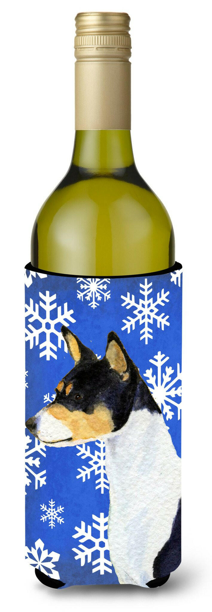 Basenji Winter Snowflakes Holiday Wine Bottle Beverage Insulator Beverage Insulator Hugger SS4652LITERK by Caroline&#39;s Treasures