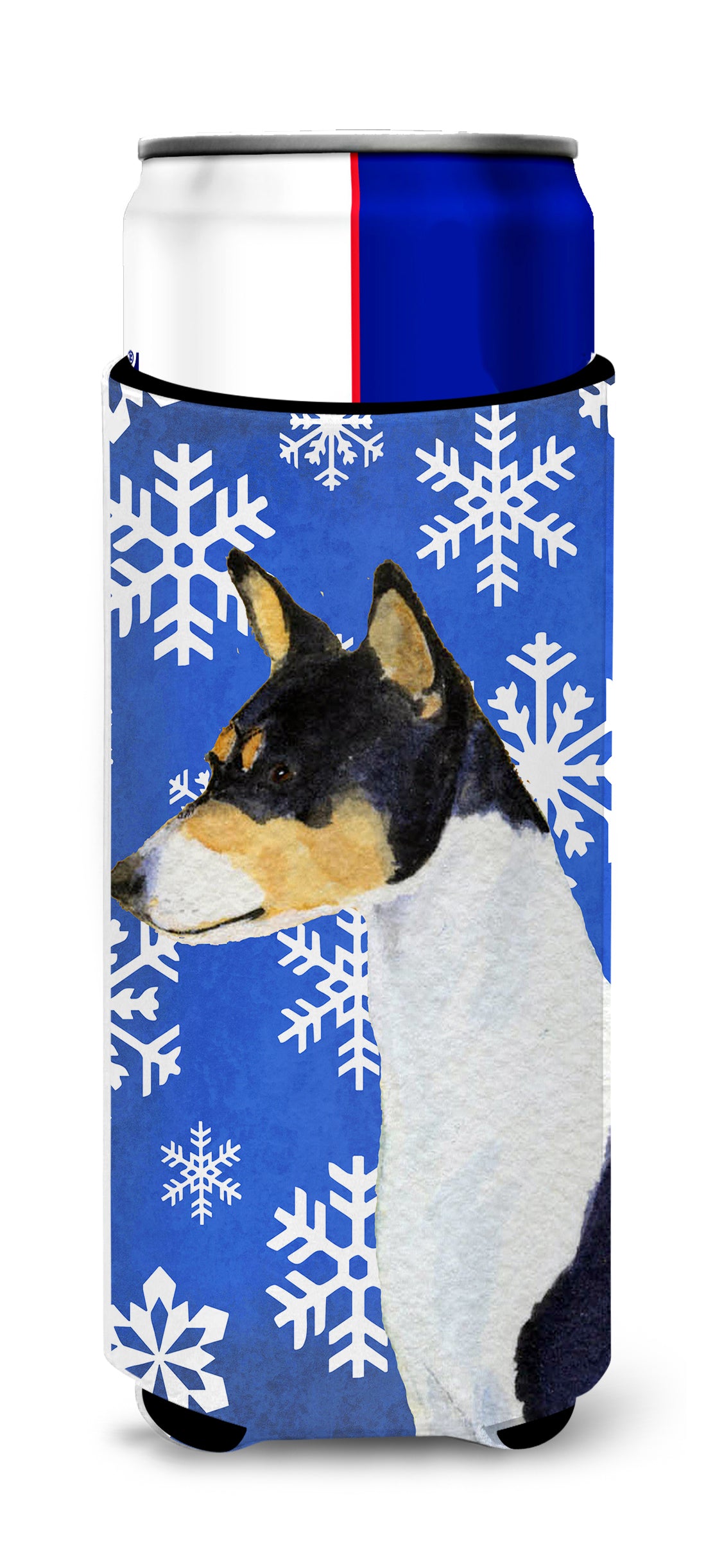 Basenji Winter Snowflakes Holiday Ultra Beverage Insulators for slim cans SS4652MUK.
