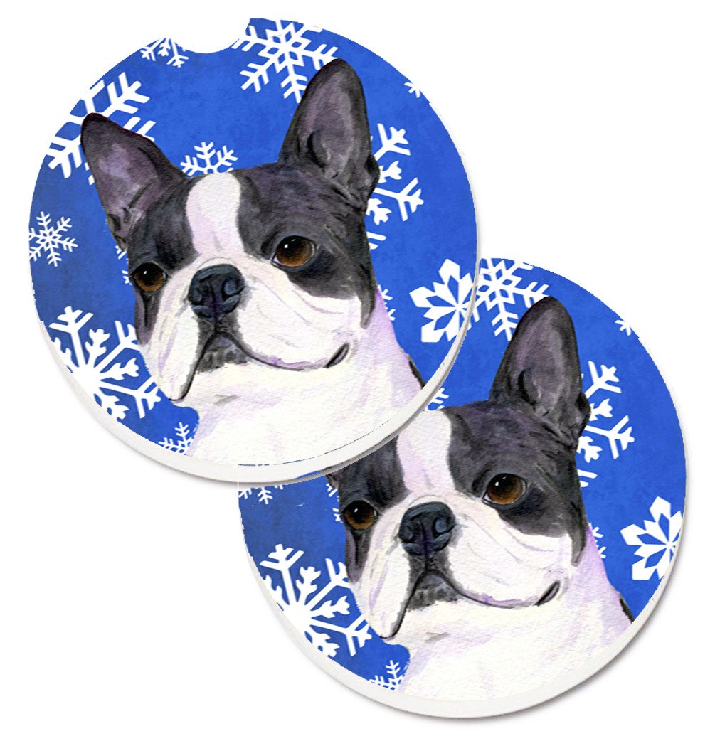 Boston Terrier Winter Snowflakes Holiday Set of 2 Cup Holder Car Coasters SS4654CARC by Caroline&#39;s Treasures