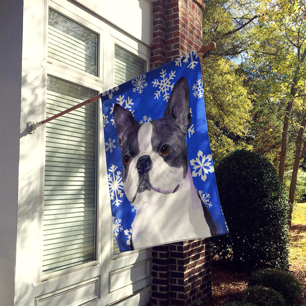 Boston Terrier Winter Snowflakes Holiday Flag Canvas House Size  the-store.com.