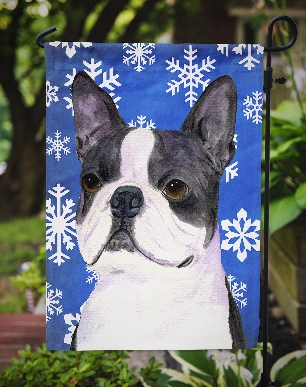 Boston Terrier Winter Snowflakes Holiday Flag Garden Size.