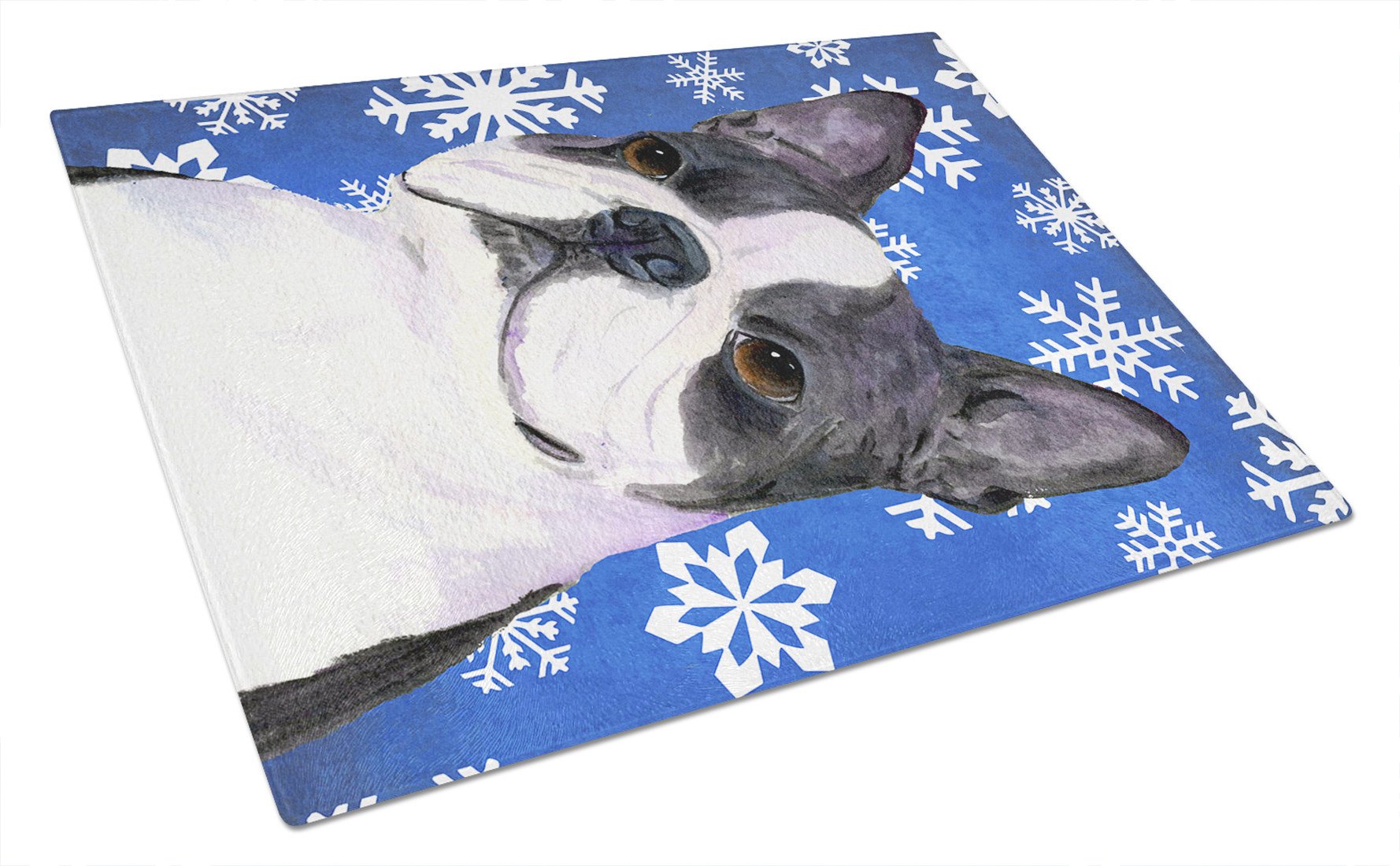 Boston Terrier Winter Snowflakes Holiday Glass Cutting Board Large by Caroline's Treasures