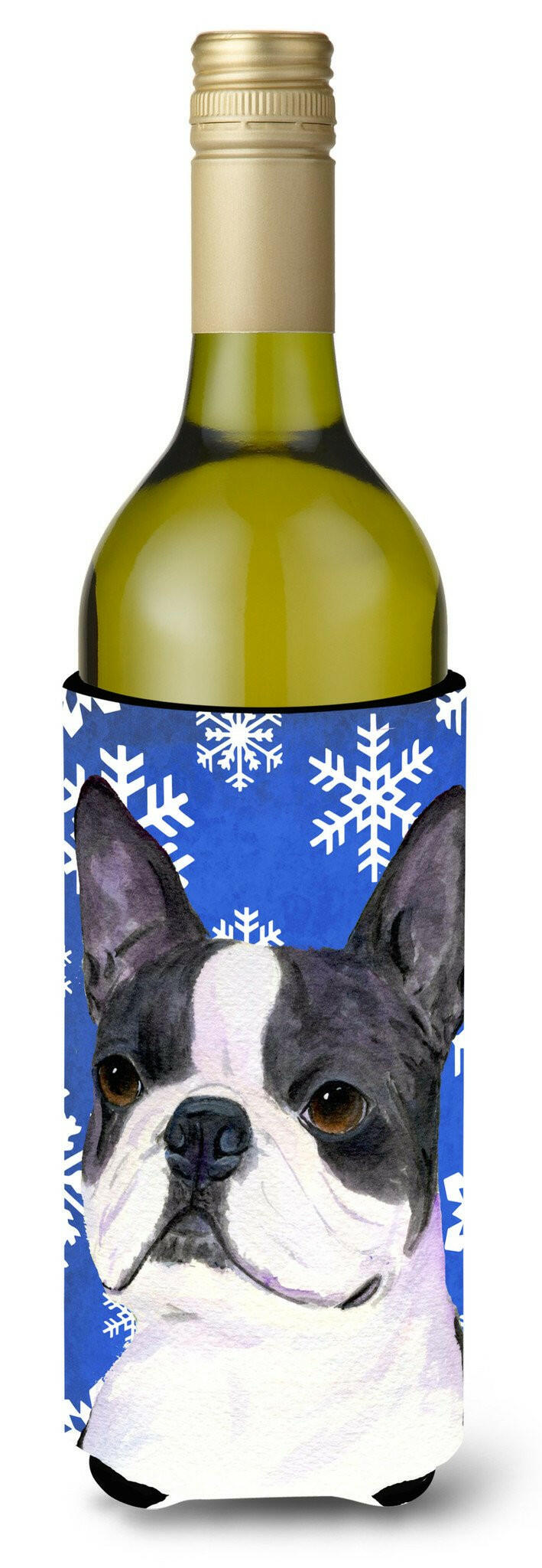 Boston Terrier Winter Snowflakes Holiday Wine Bottle Beverage Insulator Beverage Insulator Hugger SS4654LITERK by Caroline&#39;s Treasures