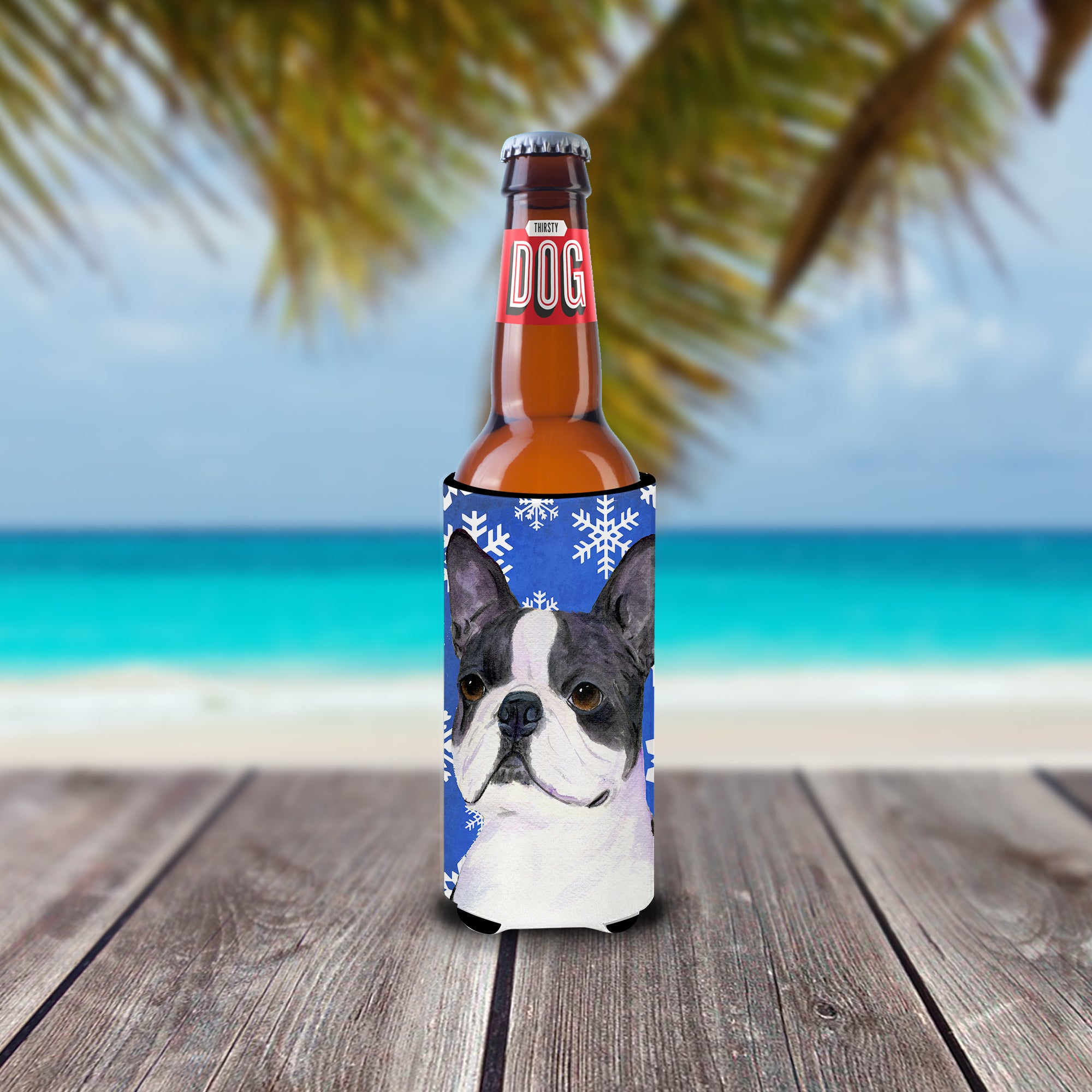 Boston Terrier Winter Snowflakes Holiday Ultra Beverage Insulators for slim cans SS4654MUK