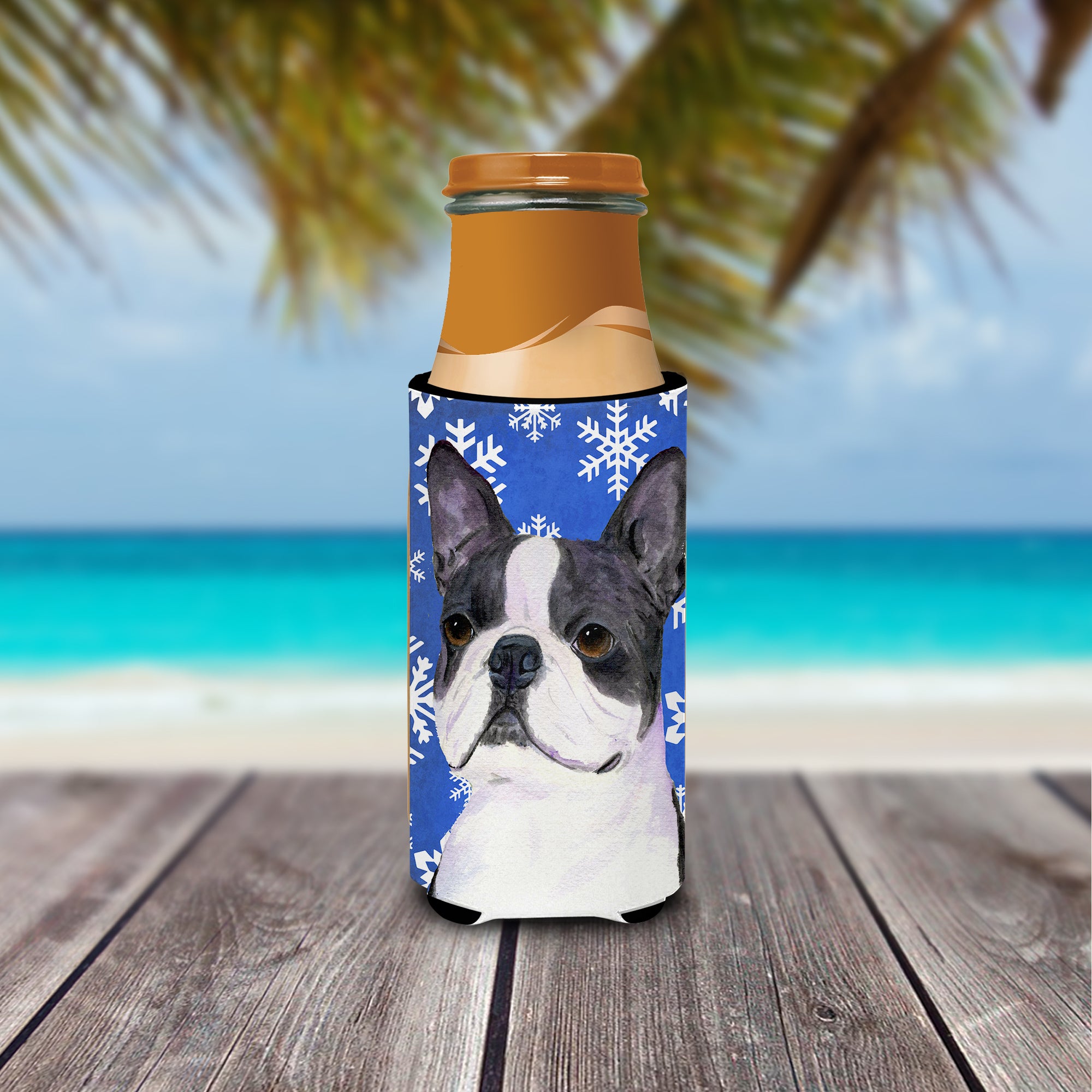 Boston Terrier Winter Snowflakes Holiday Ultra Beverage Insulators for slim cans SS4654MUK.
