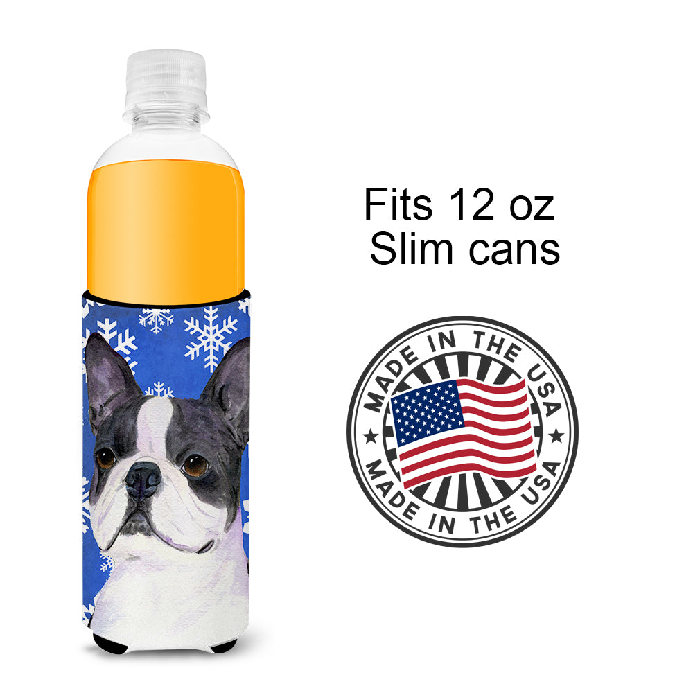 Boston Terrier Winter Snowflakes Holiday Ultra Beverage Insulators for slim cans SS4654MUK.