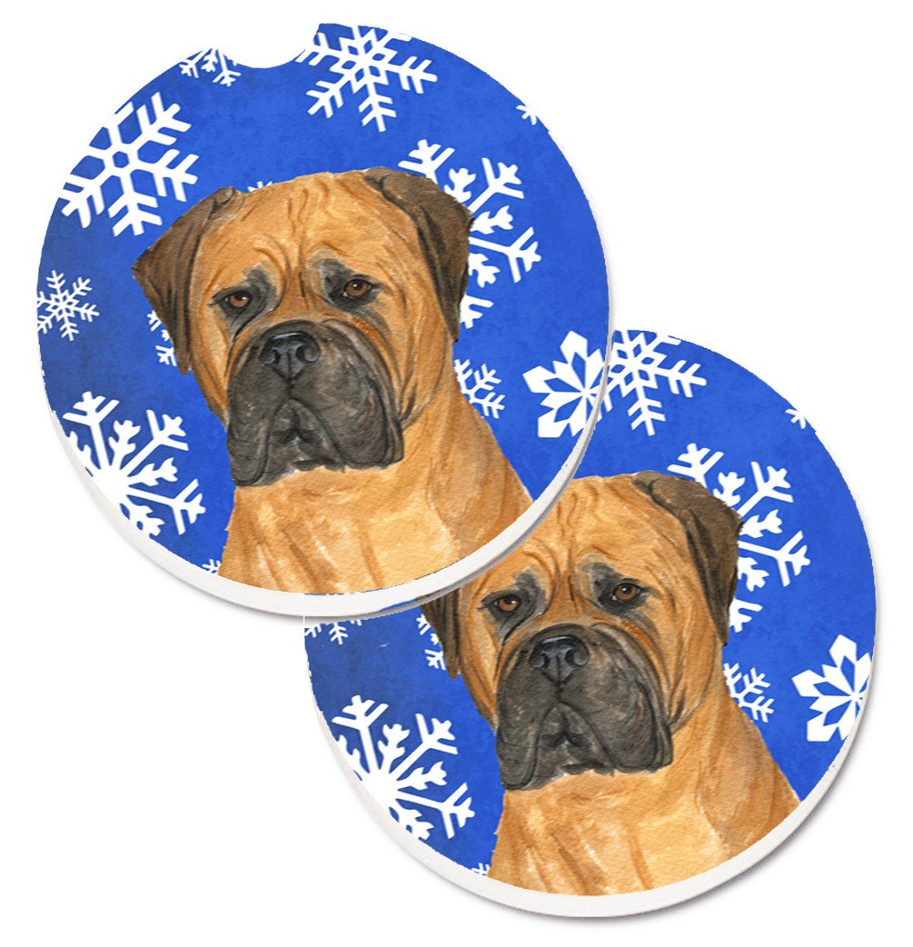 Bullmastiff Winter Snowflakes Holiday Set of 2 Cup Holder Car Coasters SS4655CARC by Caroline&#39;s Treasures