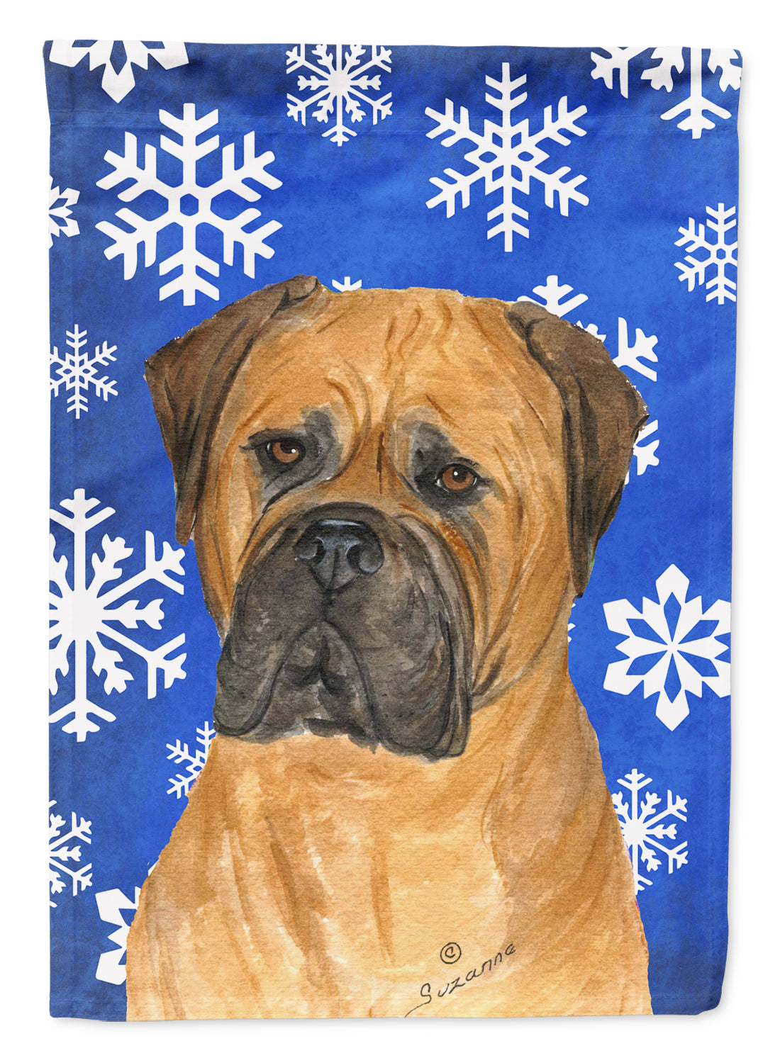 Bullmastiff Winter Snowflakes Holiday Flag Canvas House Size  the-store.com.