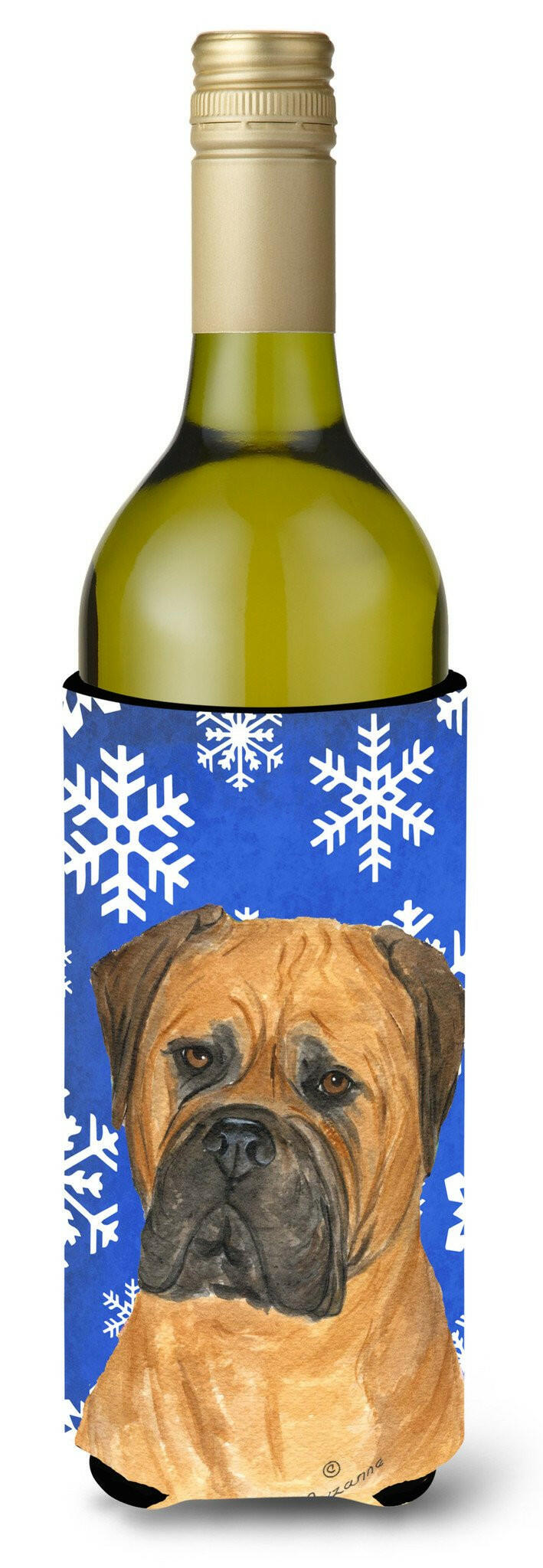 Bullmastiff Winter Snowflakes Holiday Wine Bottle Beverage Insulator Beverage Insulator Hugger by Caroline&#39;s Treasures