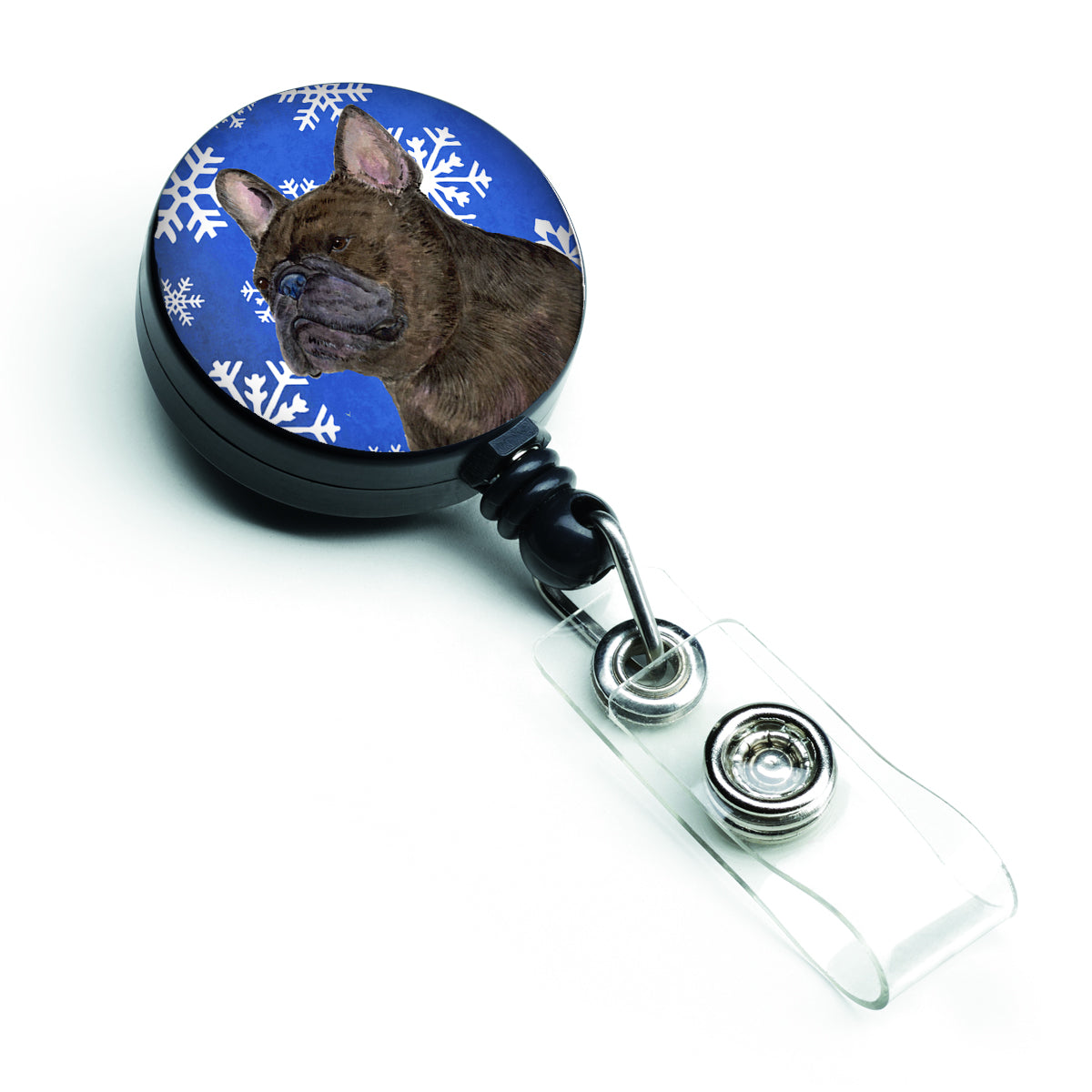 French Bulldog Winter Snowflakes Holiday Retractable Badge Reel SS4657BR  the-store.com.