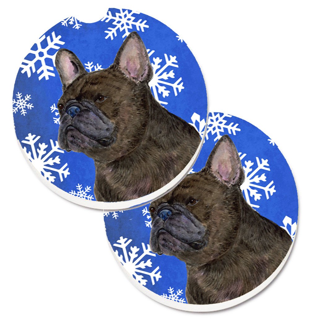 French Bulldog Winter Snowflakes Holiday Set of 2 Cup Holder Car Coasters SS4657CARC by Caroline&#39;s Treasures