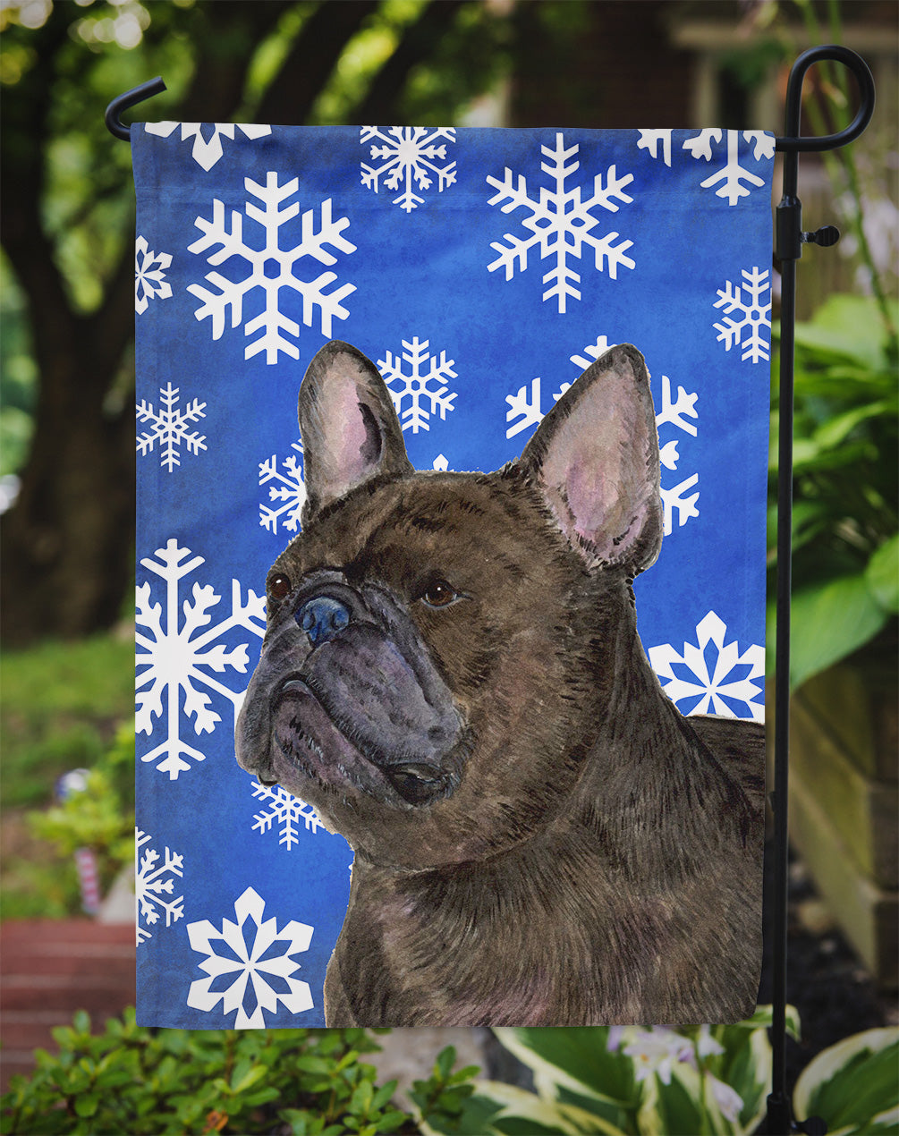 French Bulldog Winter Snowflakes Holiday Flag Garden Size.