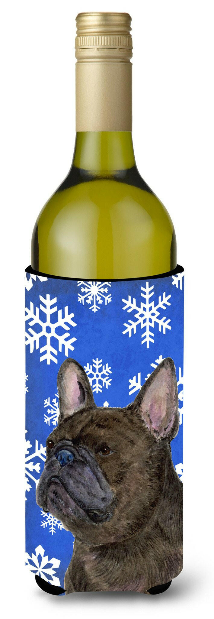 French Bulldog Winter Snowflakes Holiday Wine Bottle Beverage Insulator Beverage Insulator Hugger SS4657LITERK by Caroline&#39;s Treasures