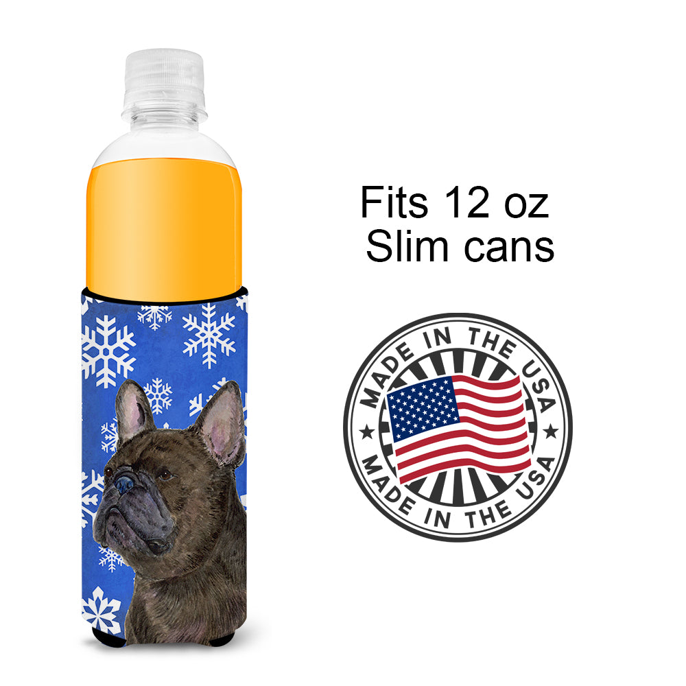 French Bulldog Winter Snowflakes Holiday Ultra Beverage Insulators for slim cans SS4657MUK.