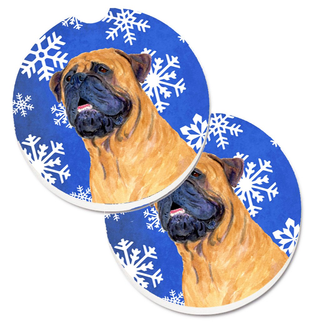 Mastiff Winter Snowflakes Holiday Set of 2 Cup Holder Car Coasters SS4658CARC by Caroline&#39;s Treasures