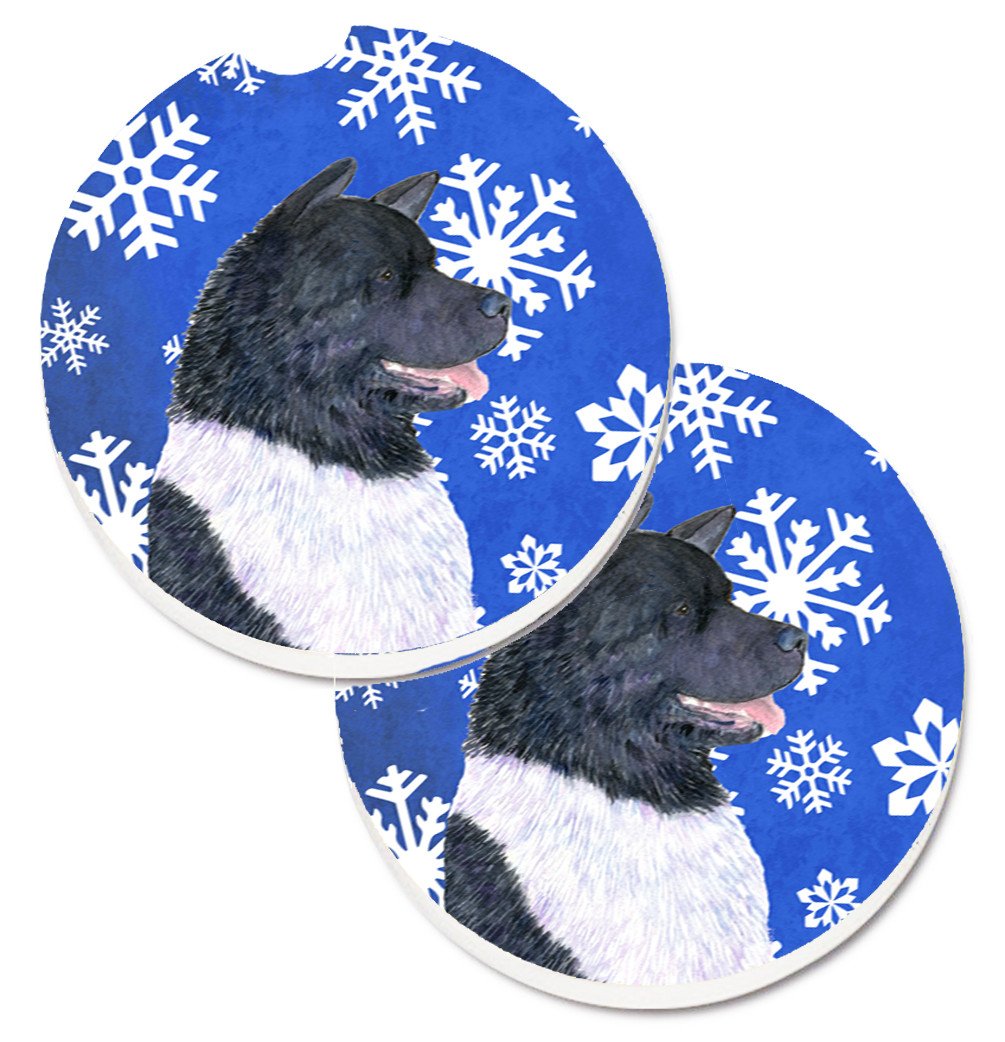 Akita Winter Snowflakes Holiday Set of 2 Cup Holder Car Coasters SS4659CARC by Caroline&#39;s Treasures