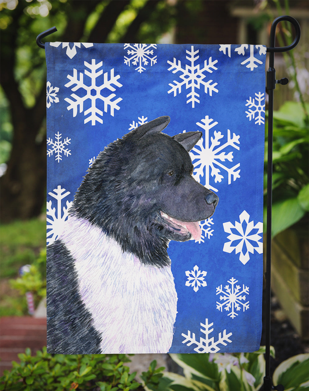 Akita Winter Snowflakes Holiday Flag Garden Size.