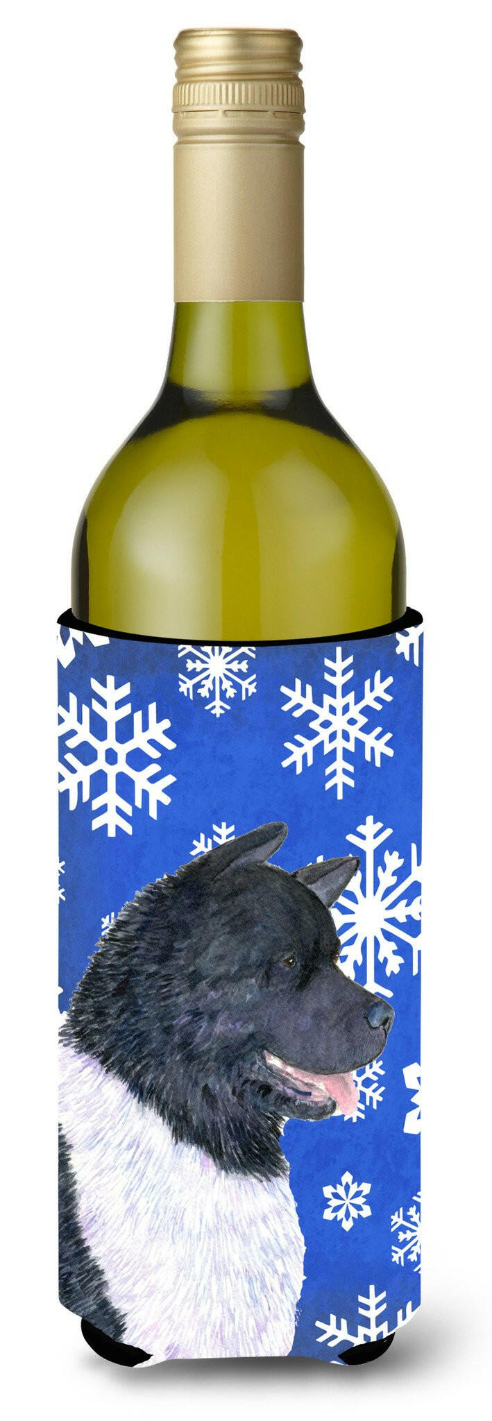 Akita Winter Snowflakes Holiday Wine Bottle Beverage Insulator Beverage Insulator Hugger by Caroline&#39;s Treasures