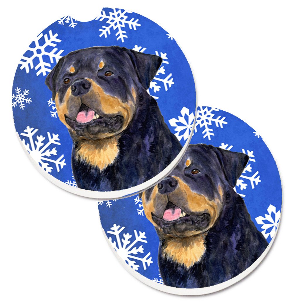 Rottweiler Winter Snowflakes Holiday Set of 2 Cup Holder Car Coasters SS4662CARC by Caroline&#39;s Treasures