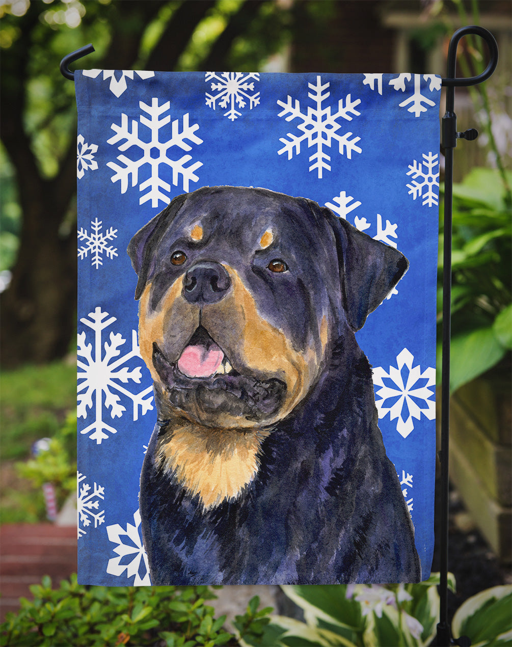 Rottweiler Winter Snowflakes Holiday Flag Garden Size