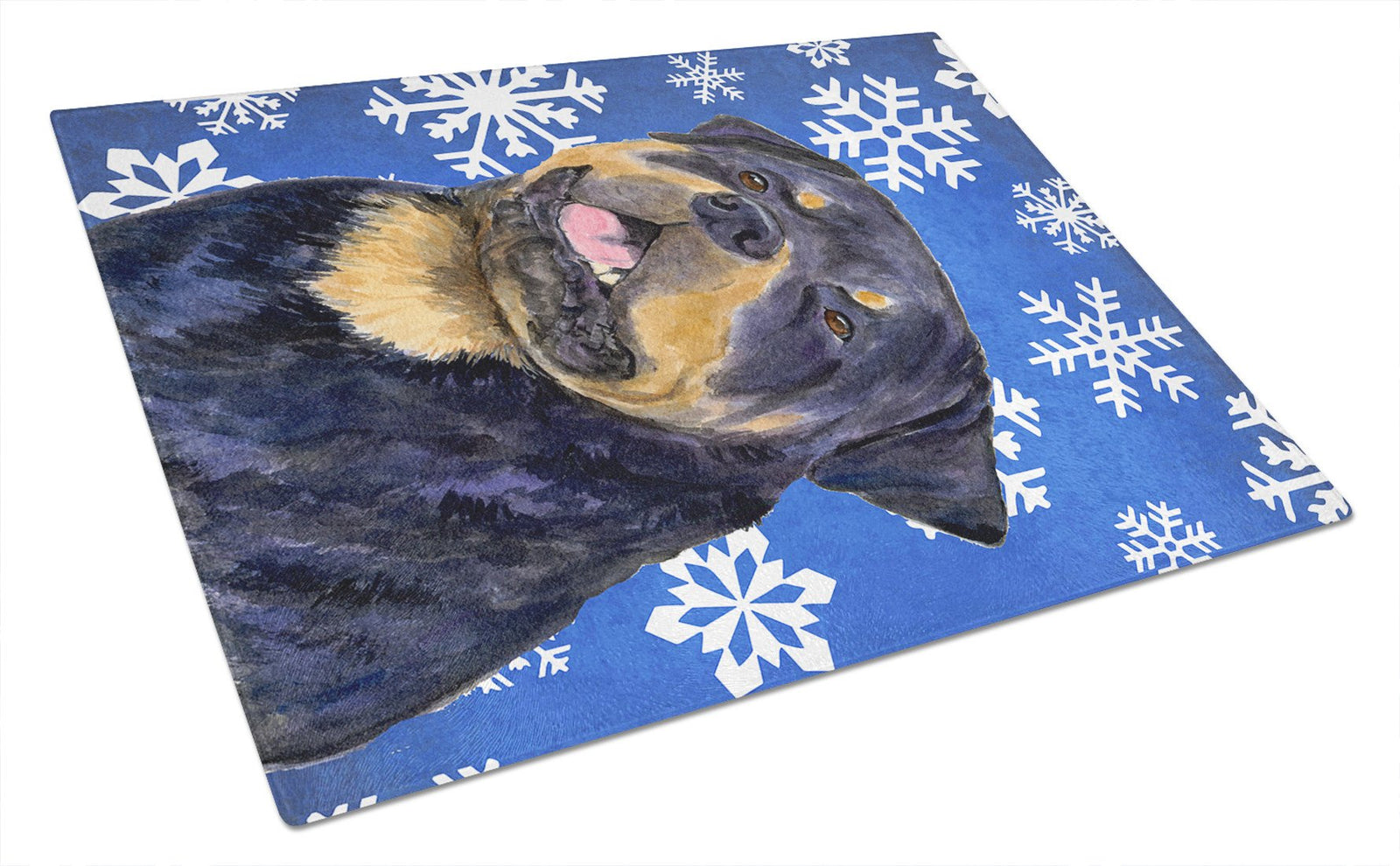 Rottweiler Winter Snowflakes Holiday Glass Cutting Board Large by Caroline's Treasures
