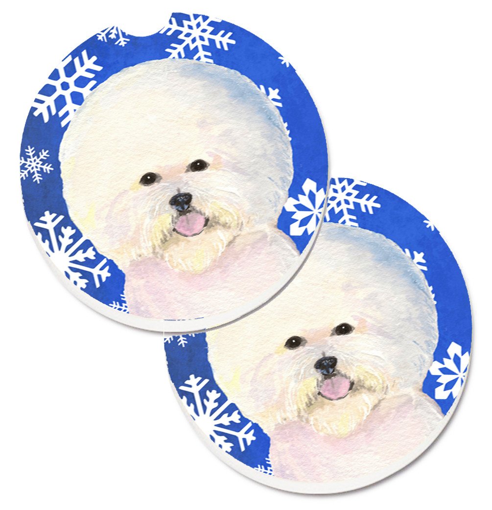 Bichon Frise Winter Snowflakes Holiday Set of 2 Cup Holder Car Coasters SS4664CARC by Caroline&#39;s Treasures