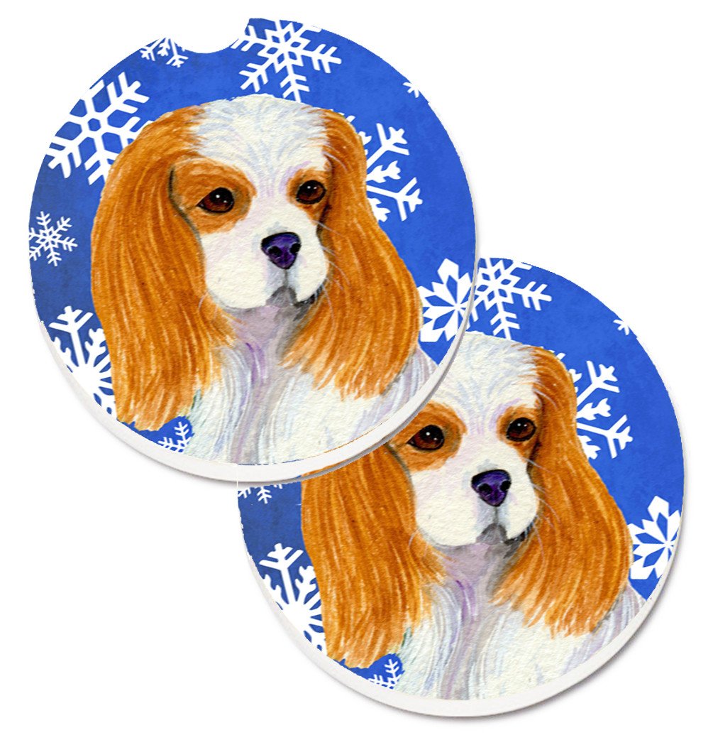 Cavalier Spaniel Winter Snowflakes Holiday Set of 2 Cup Holder Car Coasters SS4665CARC by Caroline&#39;s Treasures
