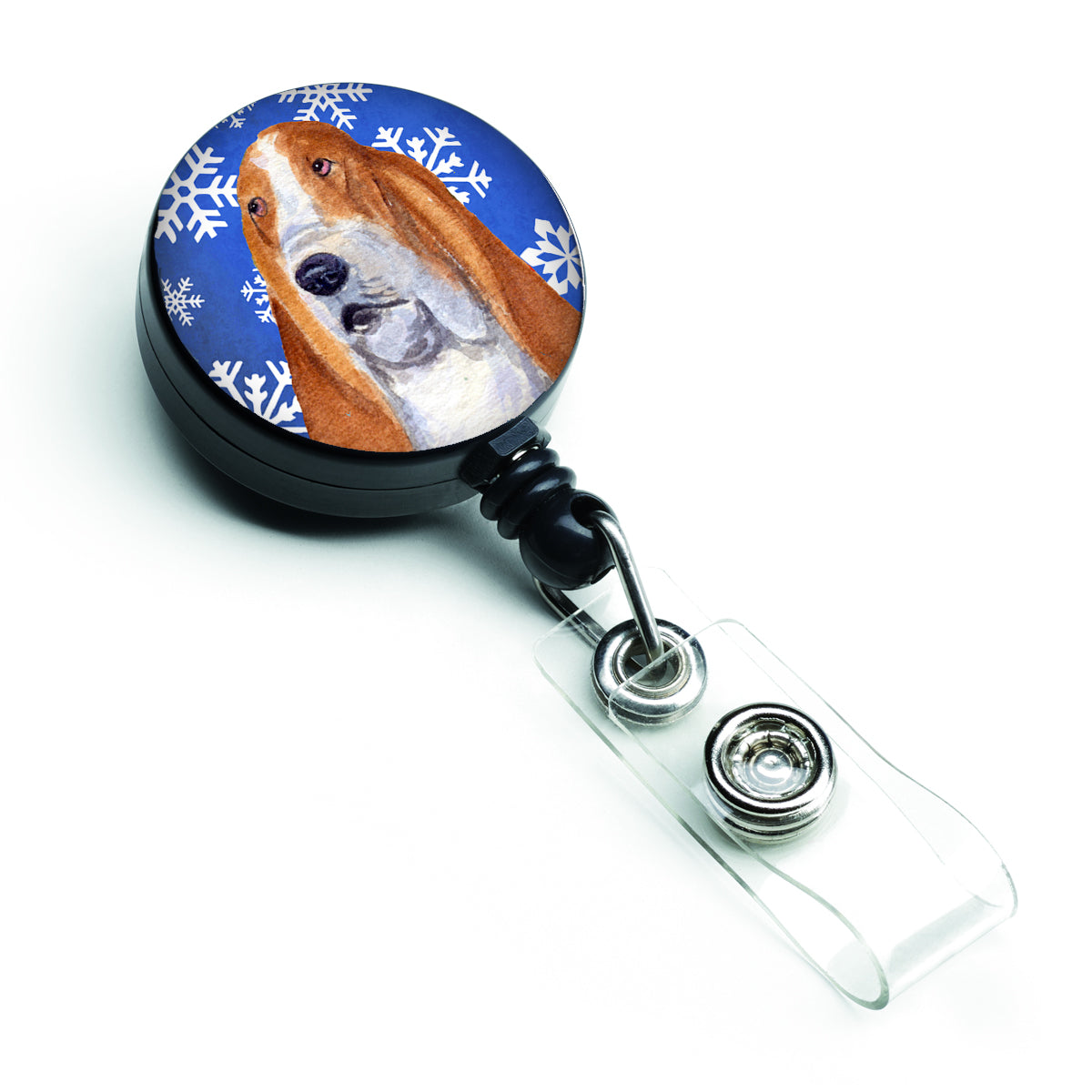 Basset Hound Winter Snowflakes Holiday Retractable Badge Reel SS4666BR
