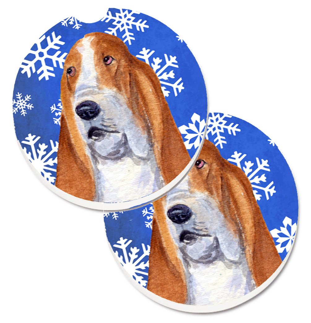 Basset Hound Winter Snowflakes Holiday Set of 2 Cup Holder Car Coasters SS4666CARC by Caroline&#39;s Treasures