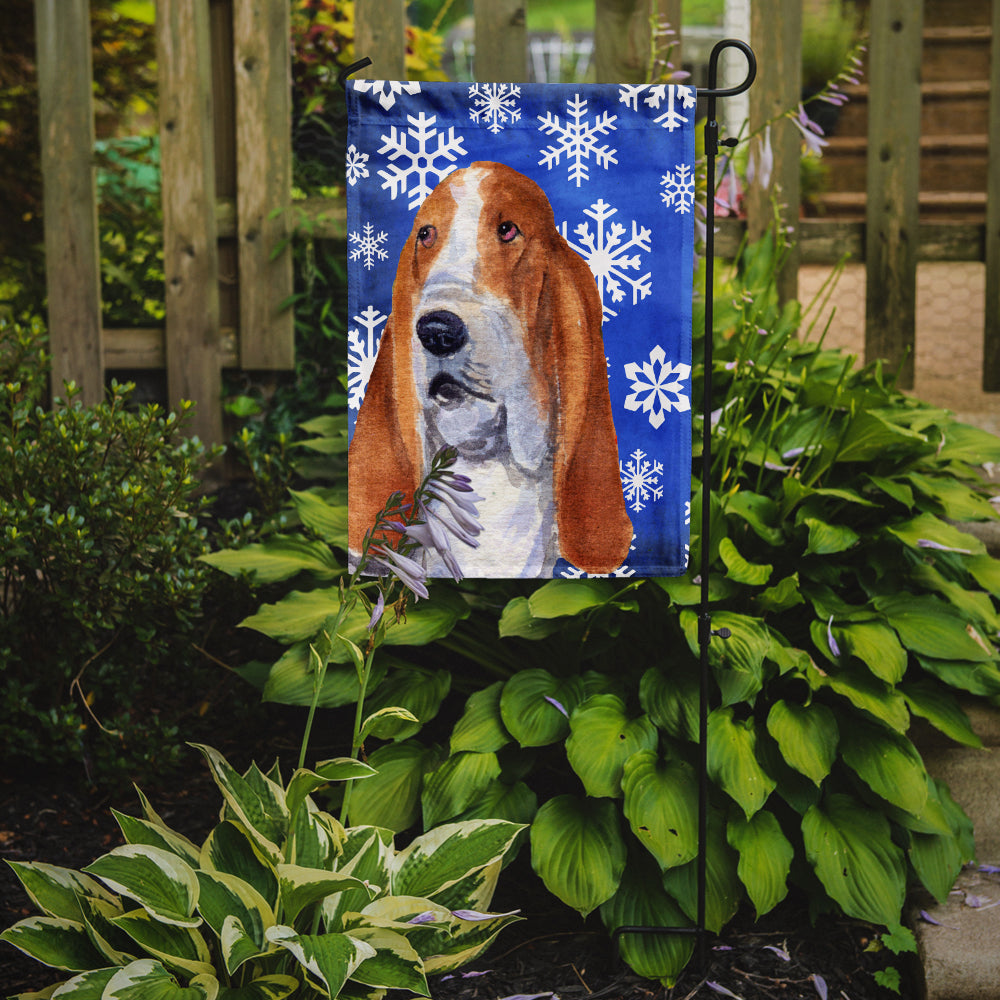 Basset Hound Winter Snowflakes Holiday Flag Garden Size