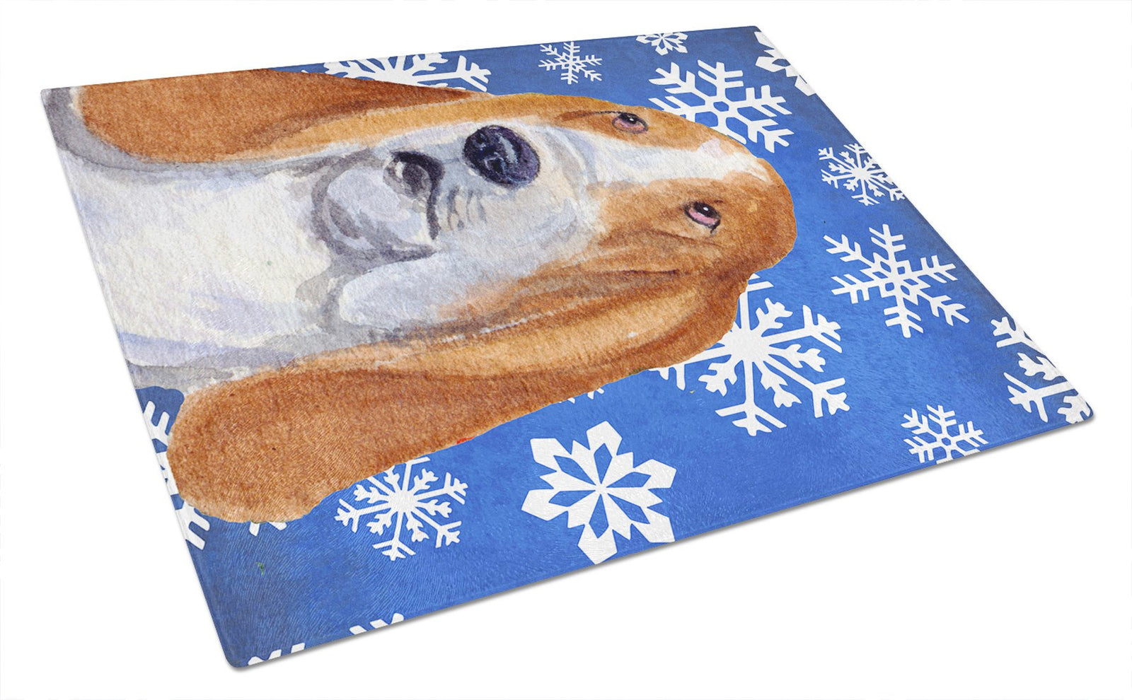 Basset Hound Winter Snowflakes Holiday Glass Cutting Board Large by Caroline's Treasures