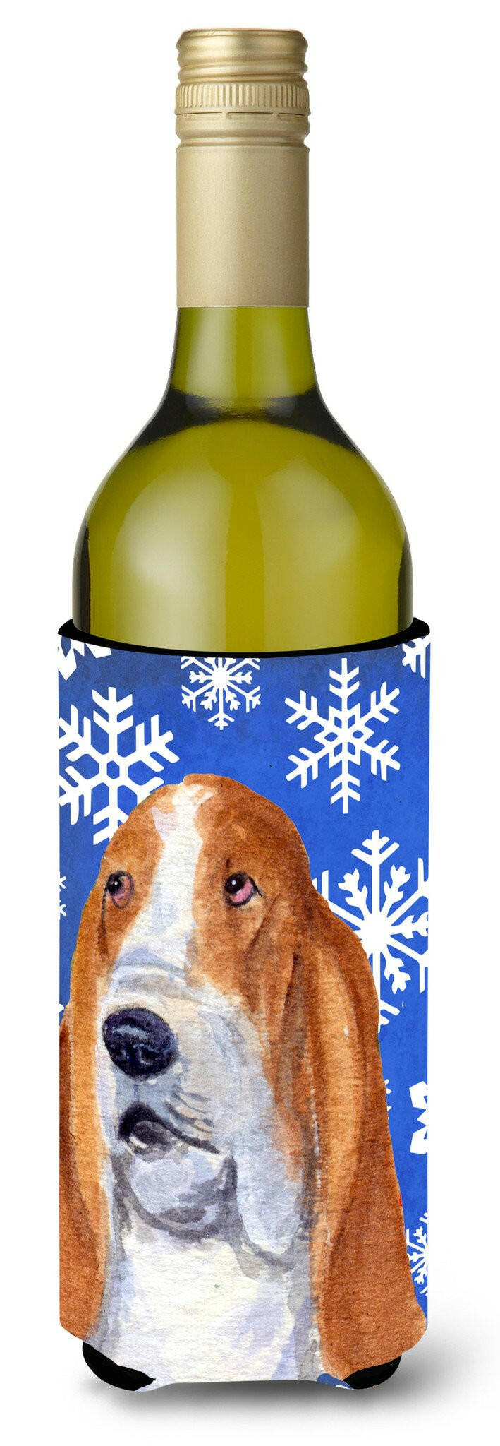 Basset Hound Winter Snowflakes Holiday Wine Bottle Beverage Insulator Beverage Insulator Hugger SS4666LITERK by Caroline&#39;s Treasures