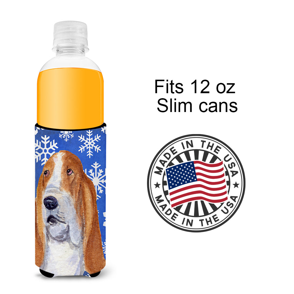 Basset Hound Winter Snowflakes Holiday Ultra Beverage Insulators for slim cans SS4666MUK.