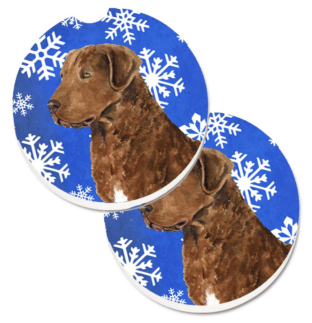 Chesapeake Bay Retriever Winter Snowflakes Holiday Set of 2 Cup Holder Car Coasters SS4669CARC by Caroline&#39;s Treasures