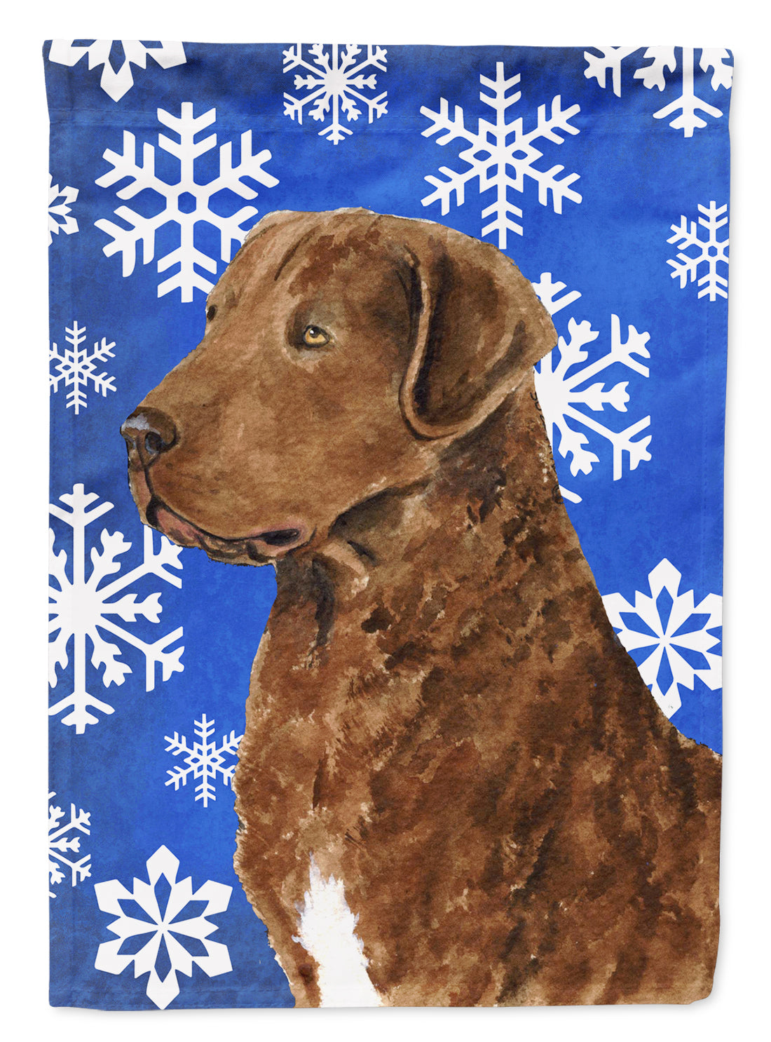 Chesapeake Bay Retriever Winter Snowflakes Holiday Flag Canvas House Size  the-store.com.