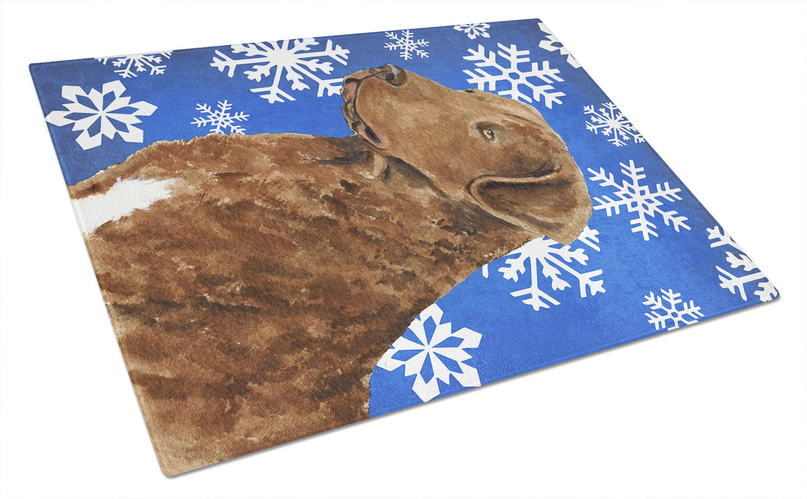 Chesapeake Bay Retriever Winter Snowflakes Holiday Glass Cutting Board Large by Caroline's Treasures