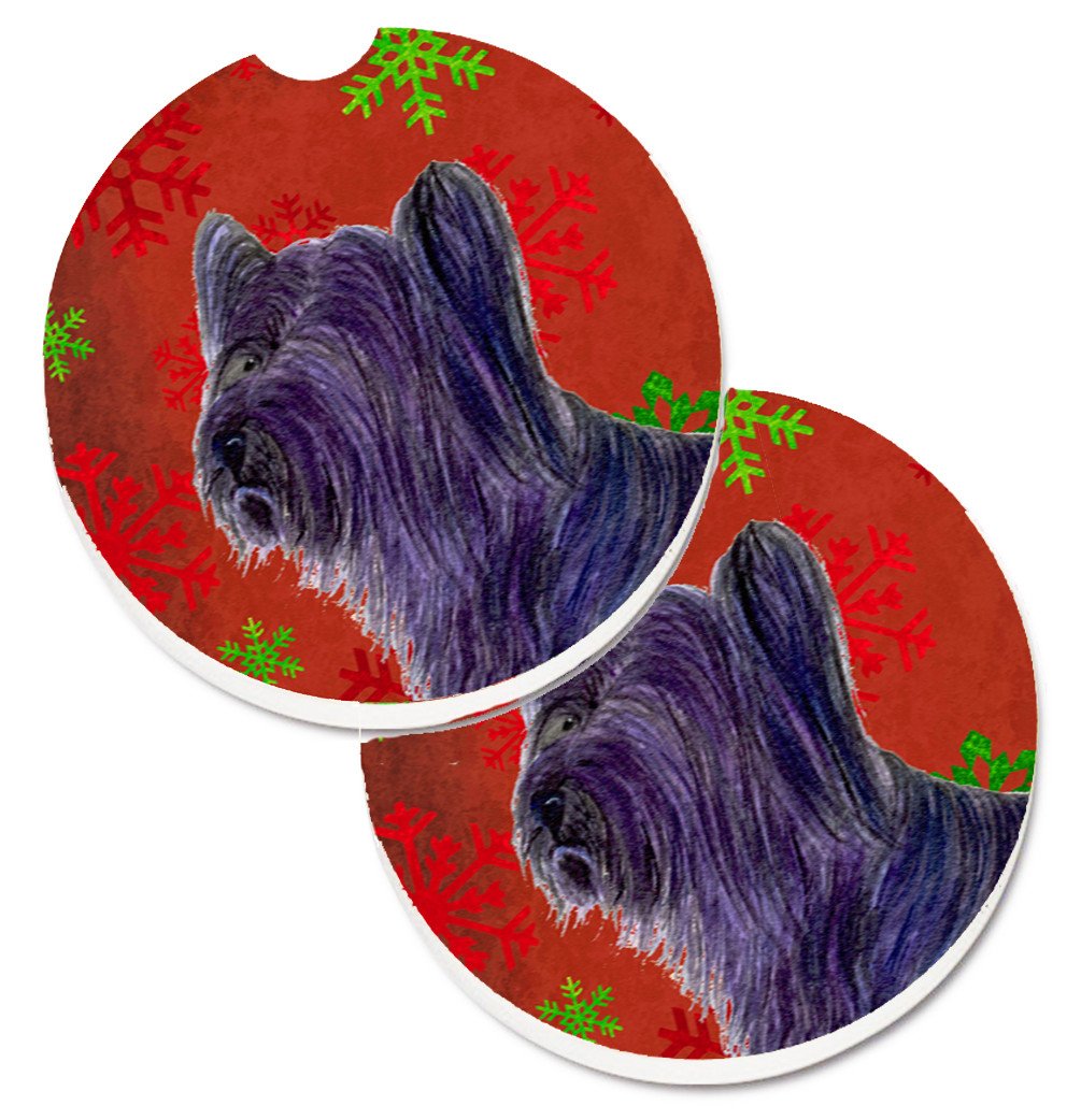 Skye Terrier Red Green Snowflake Holiday Christmas Set of 2 Cup Holder Car Coasters SS4670CARC by Caroline&#39;s Treasures