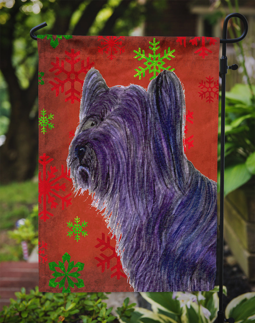Skye Terrier Red Green Snowflake Holiday Christmas Flag Garden Size.