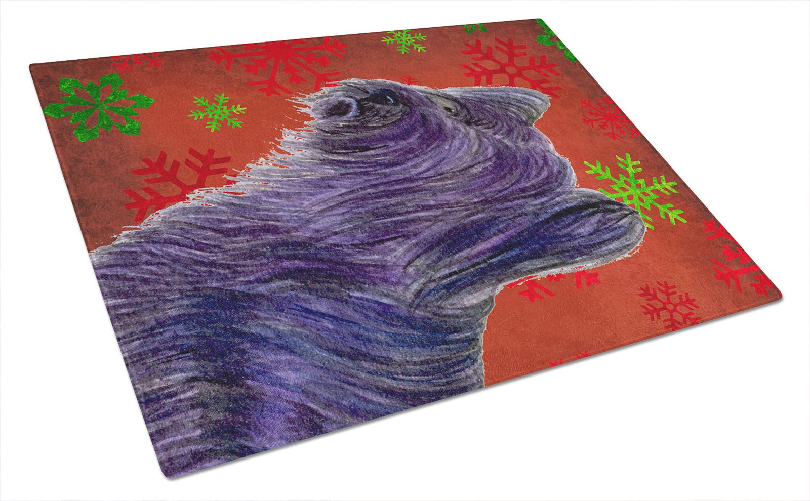 Skye Terrier Red and Green Snowflakes  Christmas Glass Cutting Board Large by Caroline's Treasures