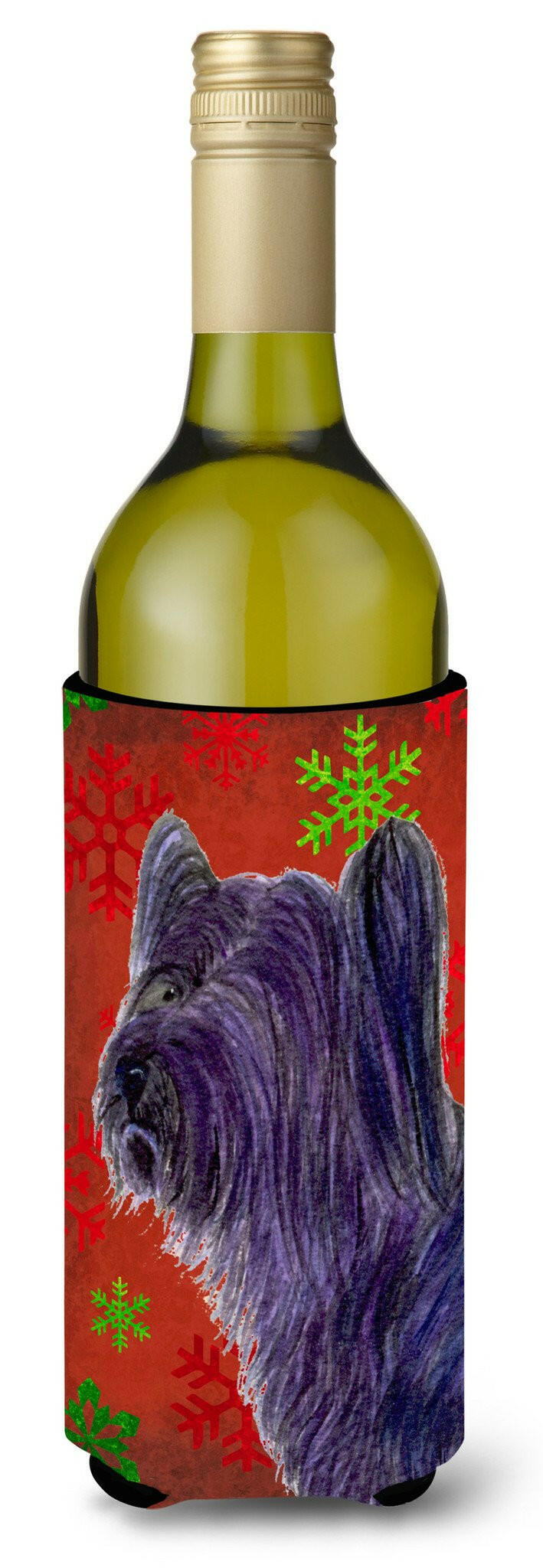 Skye Terrier Red Green Snowflake Holiday Christmas Wine Bottle Beverage Insulator Beverage Insulator Hugger by Caroline&#39;s Treasures