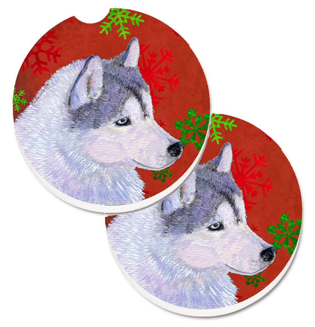 Siberian Husky Red Green Snowflake Holiday Christmas Set of 2 Cup Holder Car Coasters SS4671CARC by Caroline&#39;s Treasures