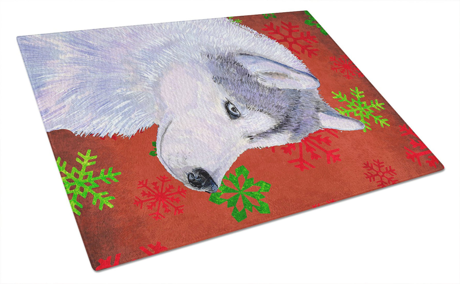 Siberian Husky Red and Green Snowflakes  Christmas Glass Cutting Board Large by Caroline's Treasures