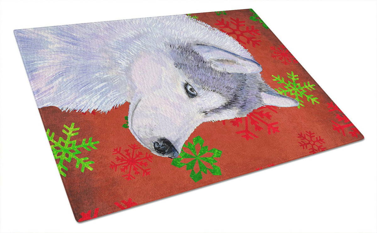 Siberian Husky Red and Green Snowflakes  Christmas Glass Cutting Board Large by Caroline&#39;s Treasures