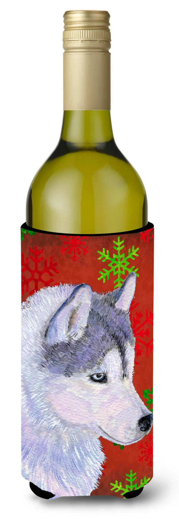 Siberian Husky Red Green Snowflake Holiday Christmas Wine Bottle Beverage Insulator Beverage Insulator Hugger by Caroline's Treasures
