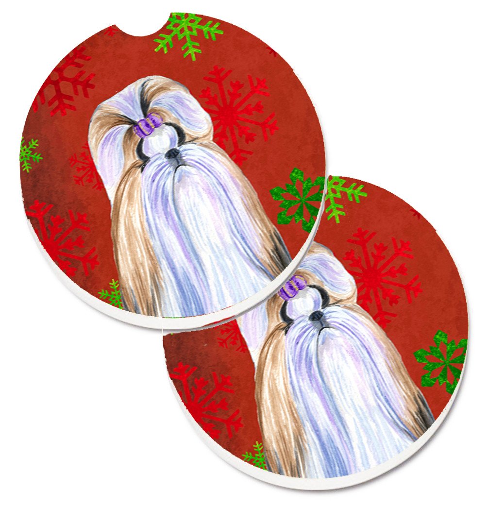 Shih Tzu Red and Green Snowflakes Holiday Christmas Set of 2 Cup Holder Car Coasters SS4672CARC by Caroline&#39;s Treasures