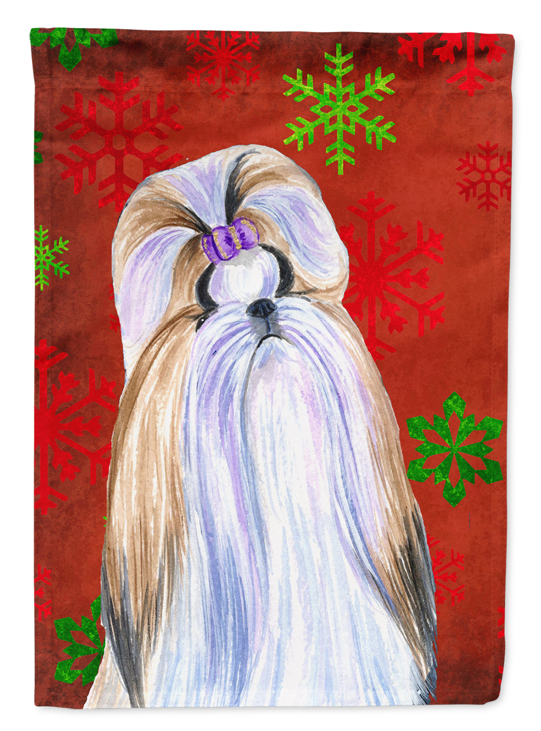 Shih Tzu Red and Green Snowflakes Holiday Christmas Flag Canvas House Size  the-store.com.