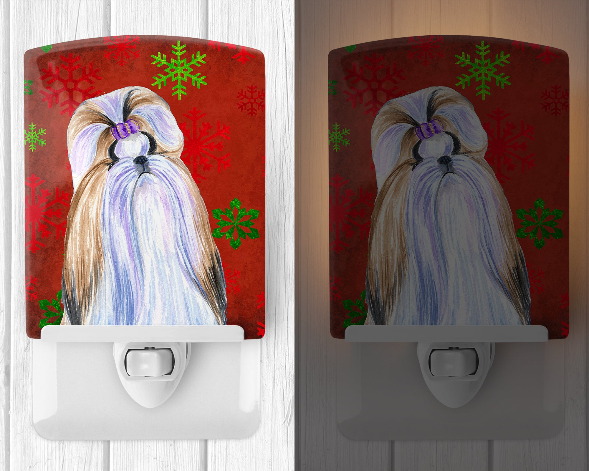 Shih Tzu Red and Green Snowflakes Holiday Christmas Ceramic Night Light SS4672CNL - the-store.com