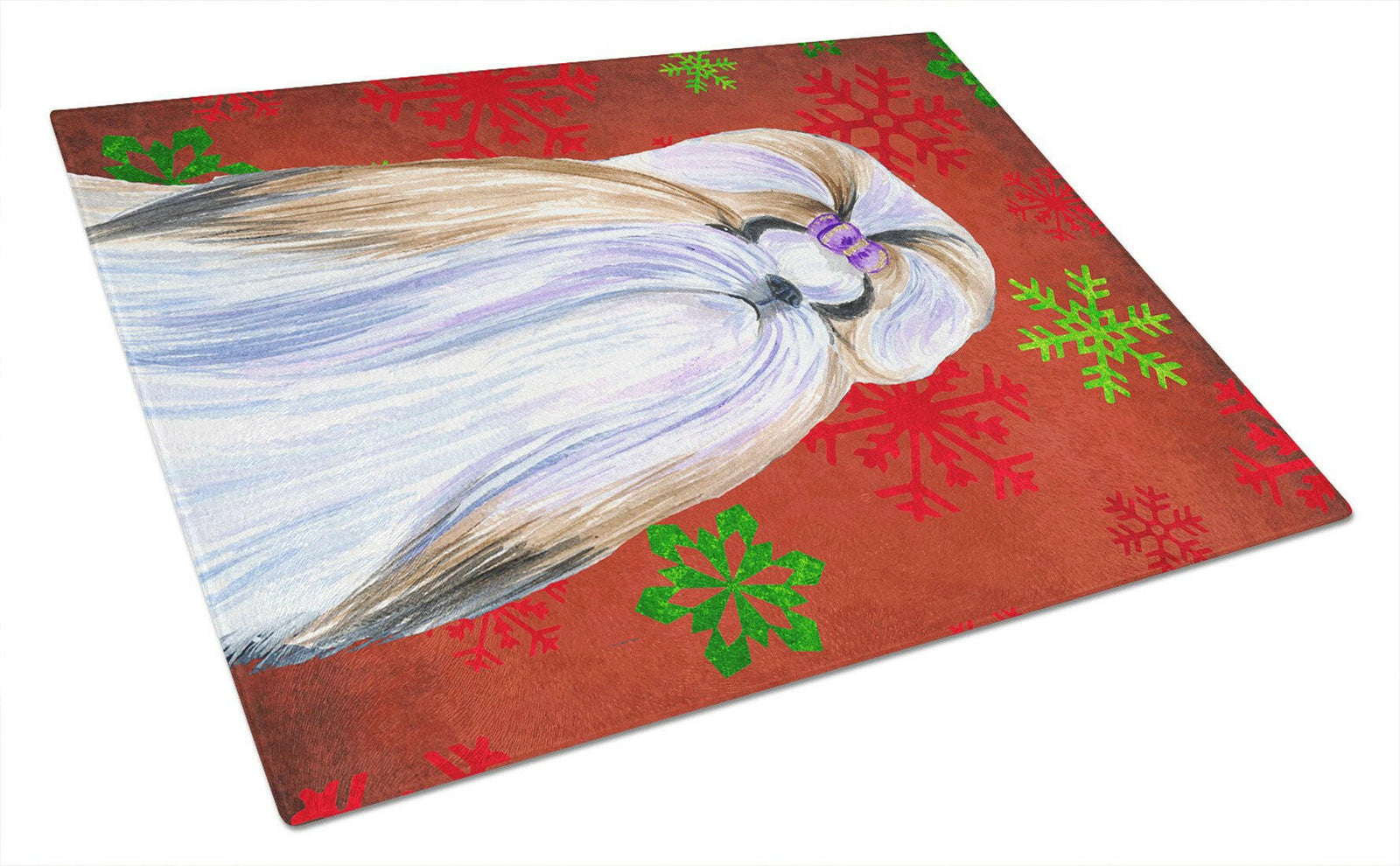 Shih Tzu Red and Green Snowflakes Holiday Christmas Glass Cutting Board Large by Caroline's Treasures