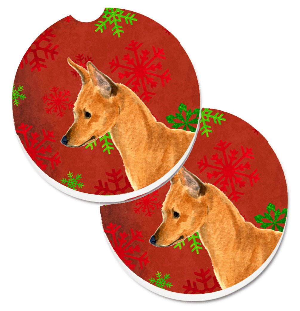 Min Pin Red and Green Snowflakes Holiday Christmas Set of 2 Cup Holder Car Coasters SS4673CARC by Caroline&#39;s Treasures